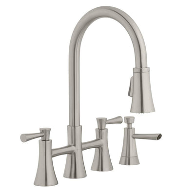 Selma 2-Handle Pull-Down Sprayer Bridge Kitchen Faucet with Soap Dispenser in Stainless Steel - Super Arbor
