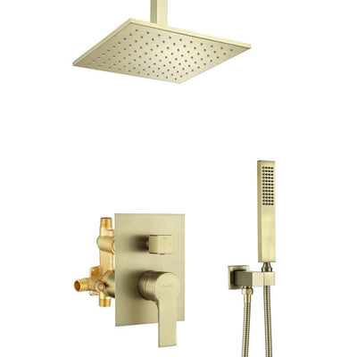 1-Spray Patterns with 2.38 GPM 10 in. Ceiling Mount Dual Shower Heads with Rough-In Valve Body and Trim in Brushed Gold - Super Arbor
