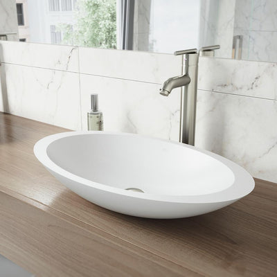 Wisteria Round Matte Stone Vessel Bathroom Sink in White with Seville Vessel Faucet in Brushed Nickel - Super Arbor