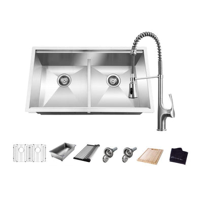 All-in-One Undermount Stainless Steel 33 in. 50/50 Double Bowl Workstation Kitchen Sink with Faucet and Accessories - Super Arbor