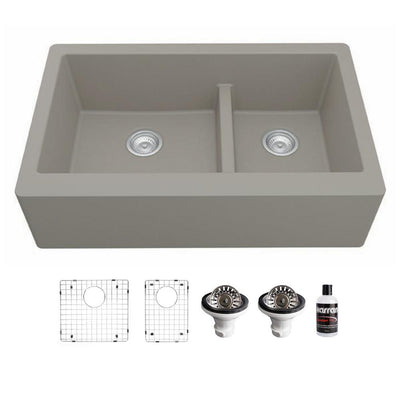 Farmhouse Concrete Apron Front Quartz Composite 34 in. Double Offset Bowl Kitchen Sink kit - Super Arbor