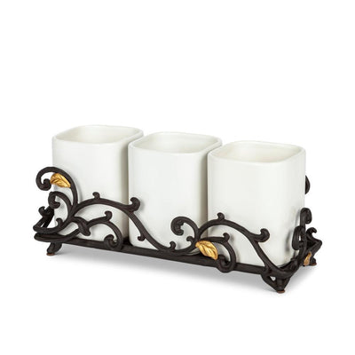 Gold Leaf Ceramic 3-vase Flatware Caddy with Espresso Brown Vines and Gold Leaf Accented Base - Super Arbor