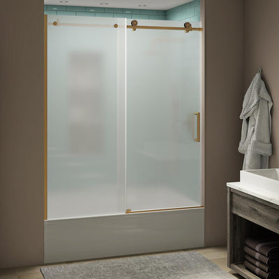 Coraline xL 56 - 60 in. x 70 in. Frameless Sliding Tub Door with Ultra-Bright Frosted Glass in Brushed Gold - Super Arbor