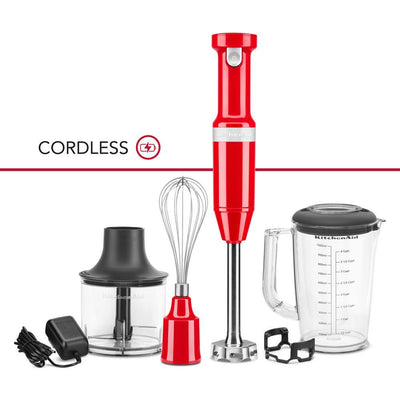 Cordless Variable Speed Passion Red Hand Blender with Chopper and Whisk attachment - Super Arbor