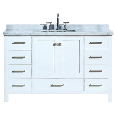 Cambridge 55 in. Bath Vanity in White with Marble Vanity Top in Carrara White with White Basin - Super Arbor