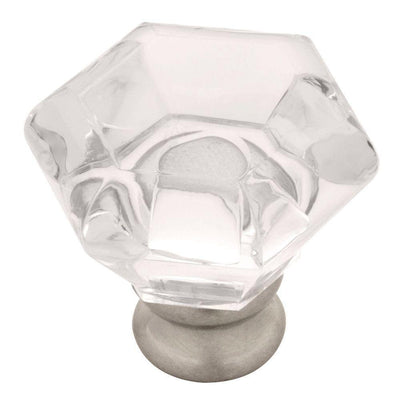 Modern Hexagon 1-1/4 in. (32mm) Satin Nickel and Clear Acrylic Cabinet Knob - Super Arbor