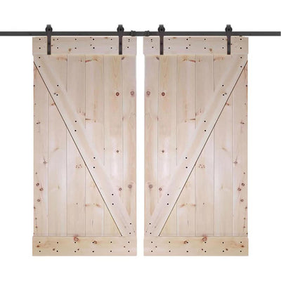 60 in. x 84 in. Unfinished Knotty Pine Wood Double Sliding Barn Door with Classic Bent Strap Black Hardware Kit - Super Arbor