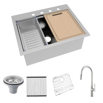 All-in-One Drop-In Stainless Steel 27 in. 4-Hole Single Bowl Kitchen Workstation Sink with Faucet and Accessories - Super Arbor