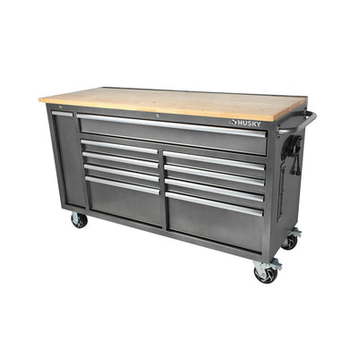 61 in. W 10-Drawer, Deep Tool Chest Mobile Workbench in Metallic Silver with Sliding Vertical Bin Storage Drawer