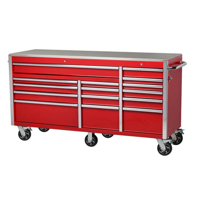 Heavy-Duty 72 in. W x 24 in. D 15-Drawer Tool Chest Mobile Workbench with Stainless Steel Top and Dual Locks in Red