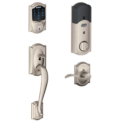 Camelot Satin Nickel Connect Z-Wave Plus Smart Deadbolt and Camelot Handleset with Accent Lever with Camelot Trim - Super Arbor