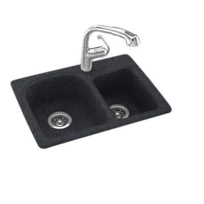 Drop-In/Undermount Solid Surface 25 in. 1-Hole 60/40 Double Bowl Kitchen Sink in Black Galaxy - Super Arbor