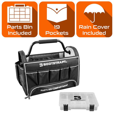 18 in. Contractor's Tote Bag with Integrated Parts Bin Compartment and Waterproof Rain Cover - Super Arbor