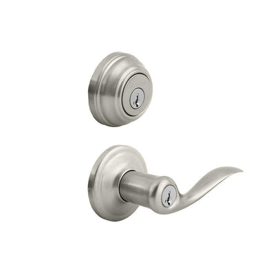 Tustin Satin Nickel Exterior Entry Door Lever and Single Cylinder Deadbolt Combo Pack Featuring SmartKey Security - Super Arbor