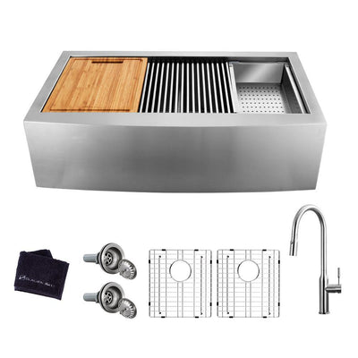 All-in-One Farmhouse Apron-Front Stainless Steel 36 in. 50/50 Double Bowl Workstation Sink with Faucet and Accessories - Super Arbor