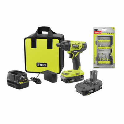 RYOBI ONE+ 18V Cordless 1/4 in. Impact Driver Kit with (2) Batteries, Charger, & Bag, with Impact Rated Driving Kit (20Piece) - Super Arbor