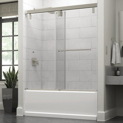 Simplicity 60 x 59-1/4 in. Frameless Mod Soft-Close Sliding Bathtub Door in Nickel with 3/8 in. (10mm) Clear Glass - Super Arbor