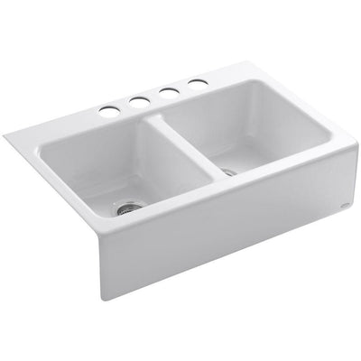 Hawthorne Undermount Farmhouse Apron Front Cast Iron 33 in. 4-Hole Double Bowl Kitchen Sink in White - Super Arbor