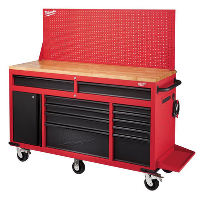 61 in. 11-Drawer/1-Door 22 in. D Mobile Workbench with Sliding Pegboard Back Wall in Red/Black - Super Arbor