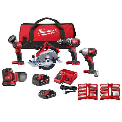 M18 18-Volt Lithium-Ion Cordless Combo Kit (5-Tool) with SHOCKWAVE Driver Bit Set (120-Piece) - Super Arbor