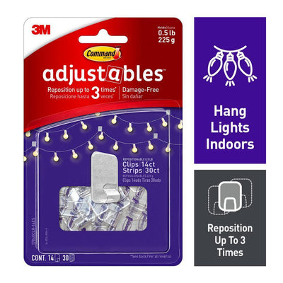 Command Adjustables 1/2 lb. Clear Repositionable Clips (14 Clips with 30 Adhesive Strips) - Super Arbor