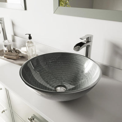 VIGO Glass Vessel Bathroom Sink in Simply Silver and Niko Faucet Set in Brushed Nickel - Super Arbor