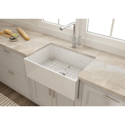 Farmhouse Apron-Front Fireclay 27 in. Single Bowl Kitchen Sink in White with Grid - Super Arbor