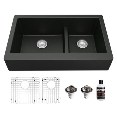 Retrofit Apron-Front Quartz/Granite composite 34 in. Double Bowl 60/40 Farmhouse Kitchen Sink Kit in Black - Super Arbor