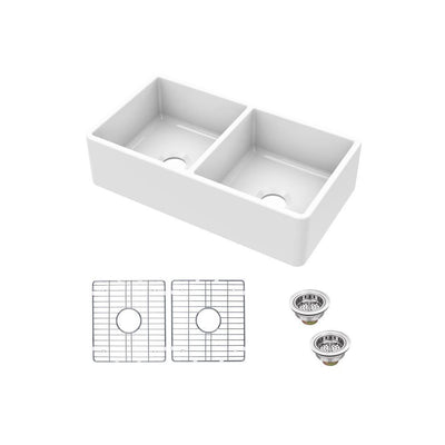 Fireclay 33 in. Double Bowl Apron-Front Farmhouse Kitchen Sink with Grid Set and Drain Assemblies - Super Arbor