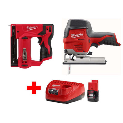 M12 12-Volt Lithium-Ion Cordless Jig Saw and 3/8 in. Crown Stapler Combo Kit W/ (1) 2.0Ah Battery and Charger - Super Arbor