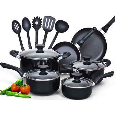 Stay Cool Handle 15-Piece Aluminum Nonstick Cookware Set in Black - Super Arbor