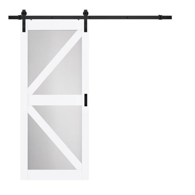 36 in. x 84 in. Bright White MDF Frosted Glass K Design Sliding Barn Door with Rustic Hardware Kit - Super Arbor