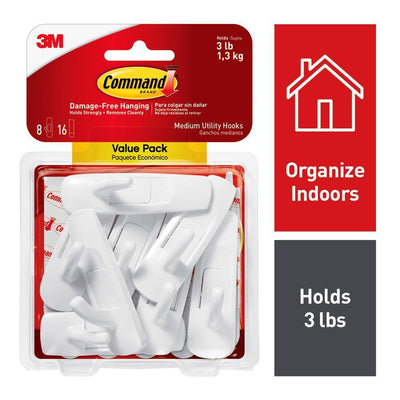 Medium White Utility Hook Value Pack (8 Hooks, 16 Strips) - Super Arbor