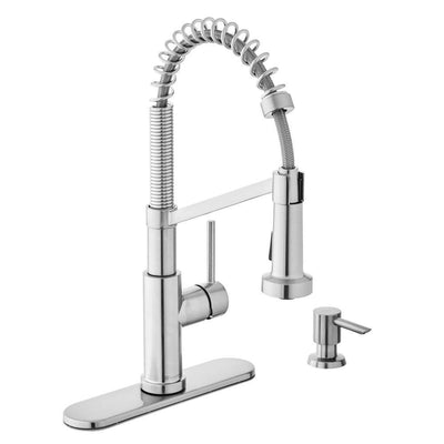 Gage Single-Handle Spring Neck Pull-Down Kitchen Faucet with TurboSpray, FastMount, Soap Dispenser in Stainless Steel - Super Arbor