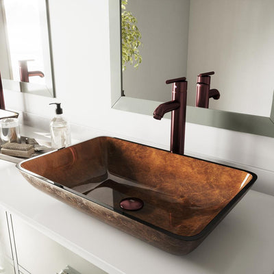 VIGO Rectangular Glass Vessel Bathroom Sink in Russet with Faucet Set in Oil Rubbed Bronze - Super Arbor