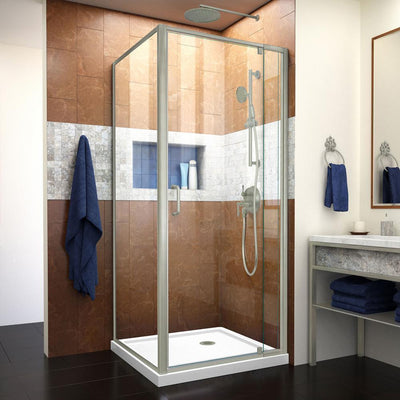Flex 32 in. x 32 in. x 74.75 in. Corner Framed Pivot Shower Enclosure in Brushed Nickel with White Acrylic Base - Super Arbor