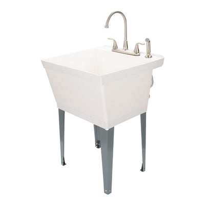 Complete 22.875 in. x 23.5 in. White Utility Sink Set with Metal Hybrid Stainless Steel High Rise Faucet & Side Sprayer - Super Arbor