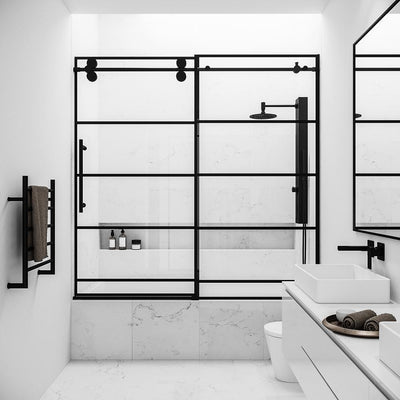 Elan 60 in. x 66 in. Frameless Sliding Tub Door in Matte Black and Clear Glass - Super Arbor