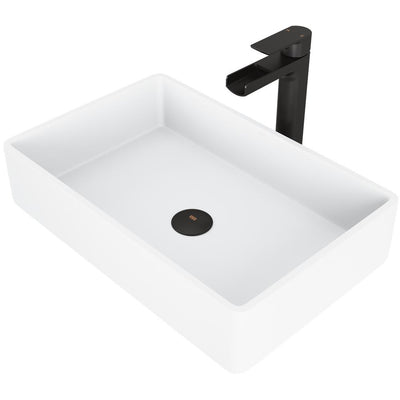 VIGO Magnolia White Matte Stone Vessel Bathroom Sink Set with Amada Faucet in Matte Black - Super Arbor