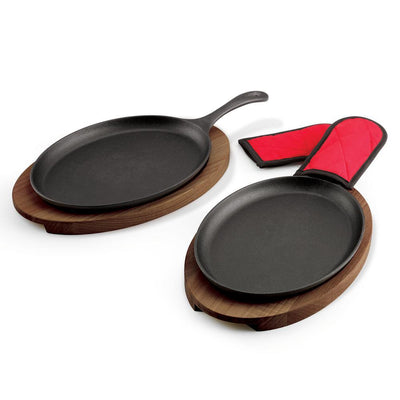 6-Piece10 in. Fajita Pan Set With Wood Trivets - Cast Iron - Preseasoned - Super Arbor