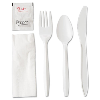 White Plastic Fork/Knife/Spoon/Napkin/Salt/Pepper Wrapped Cutlery Kit (250 per Carton) - Super Arbor