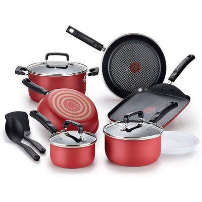 12-Piece Nonstick Titanium Cookware Set with Lids in Red - Super Arbor