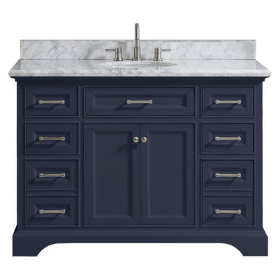 Windlowe 49 in. W x 22 in. D x 35 in. H Bath Vanity in Navy Blue with Carrara Marble Vanity Top in White with White Sink - Super Arbor