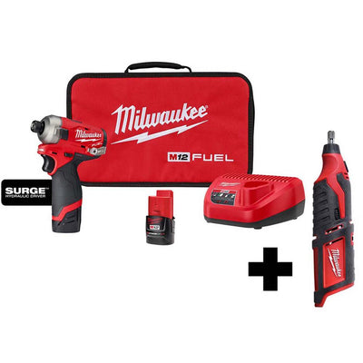 M12 FUEL SURGE 12-Volt Lithium-Ion Brushless Cordless 1/4 in. Hex Impact Driver Compact Kit with Free M12 Rotary Tool - Super Arbor