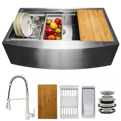 Handmade All-in-One Farmhouse Stainless Steel 33 in. x 22 in. Single Bowl Kitchen Sink w/ Spring Neck Faucet, Accessory - Super Arbor