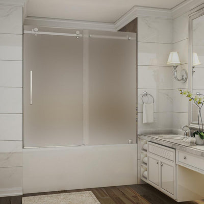 Moselle 56 in. to 60 in. x 60 in. Completely Frameless Sliding Tub Door with Frosted Glass in Stainless Steel - Super Arbor