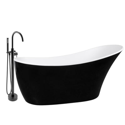 59 in. Glossy Black Fiberglass Non-Whirlpool Bathtub with Tub Filler Combo - Modern Flatbottom Stand Alone Tub - Super Arbor