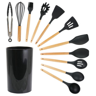 Black Silicone and Wood Cooking Utensils (Set of 12) - Super Arbor