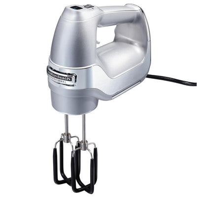 7-Speed Electric Hand Mixer, Silver and Chrome, with SoftScrape Beaters, Whisk, Dough Hooks and Snap-On Storage Case - Super Arbor