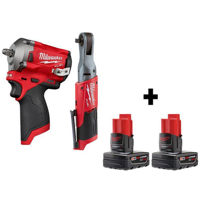 M12 FUEL 12-Volt Lithium-Ion Brushless Cordless Stubby 3/8 in. Impact Wrench & 3/8 in. Ratchet with two 3.0 Ah Batteries - Super Arbor
